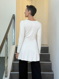 caraucci long sleeve cream tunic in midweight rayon jersey with twisted front detail #color_cream