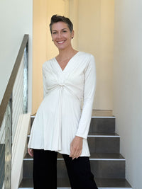 caraucci long sleeve cream tunic in midweight rayon jersey with twisted front detail #color_cream