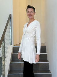caraucci long sleeve cream tunic in midweight rayon jersey with twisted front detail #color_cream