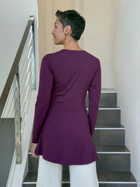 caraucci long sleeve purple tunic in midweight rayon jersey with twisted front detail #color_jam