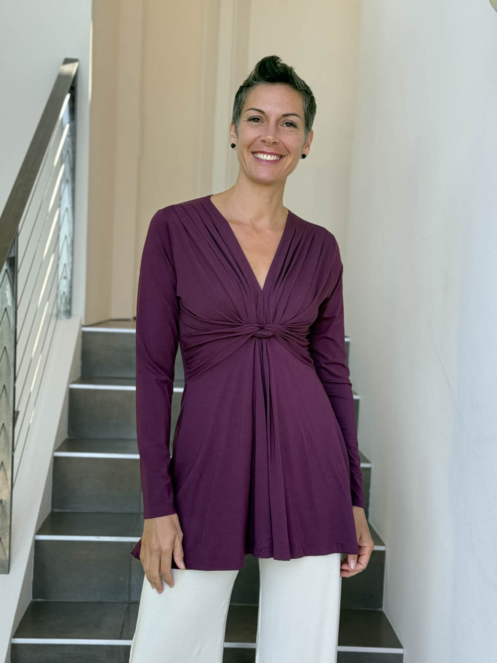 caraucci long sleeve purple tunic in midweight rayon jersey with twisted front detail #color_jam
