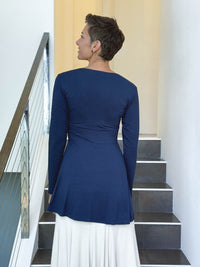 caraucci long sleeve navy blue tunic in midweight rayon jersey with twisted front detail #color_navy