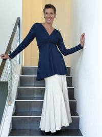 caraucci long sleeve navy blue tunic in midweight rayon jersey with twisted front detail #color_navy