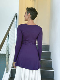 caraucci long sleeve purple tunic in midweight rayon jersey with twisted front detail #color_plum