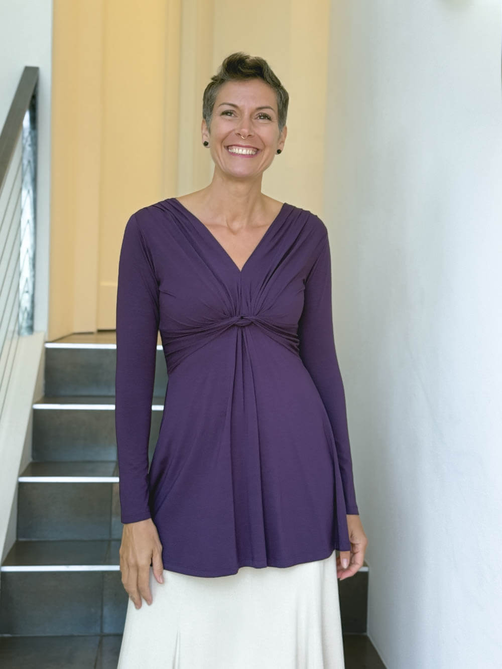 caraucci long sleeve purple tunic in midweight rayon jersey with twisted front detail #color_plum