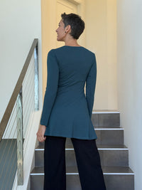 caraucci long sleeve teal blue tunic in midweight rayon jersey with twisted front detail #color_teal