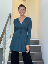 caraucci long sleeve teal blue tunic in midweight rayon jersey with twisted front detail #color_teal
