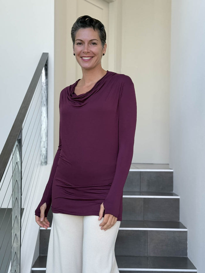 women's jersey draped neck long sleeve purple top with thumbholes #color_jam