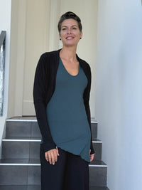 women's plant based rayon jersey loose fit black dolman sleeve shrug with thumbholes #color_black