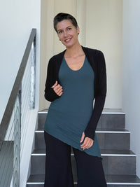 women's plant based rayon jersey loose fit black dolman sleeve shrug with thumbholes #color_black