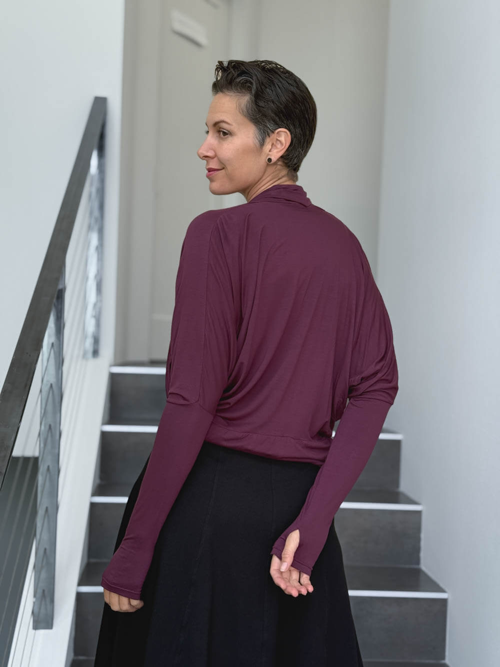 women's plant based rayon jersey loose fit purple dolman sleeve shrug with thumbholes #color_jam