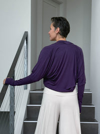 women's plant based rayon jersey loose fit purple dolman sleeve shrug with thumbholes #color_plum
