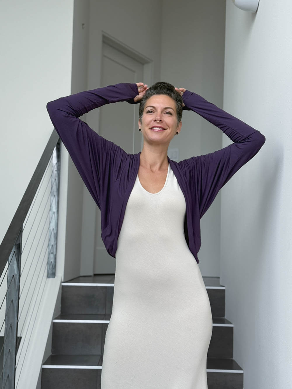 women's plant based rayon jersey loose fit purple dolman sleeve shrug with thumbholes #color_plum