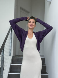 women's plant based rayon jersey loose fit purple dolman sleeve shrug with thumbholes #color_plum