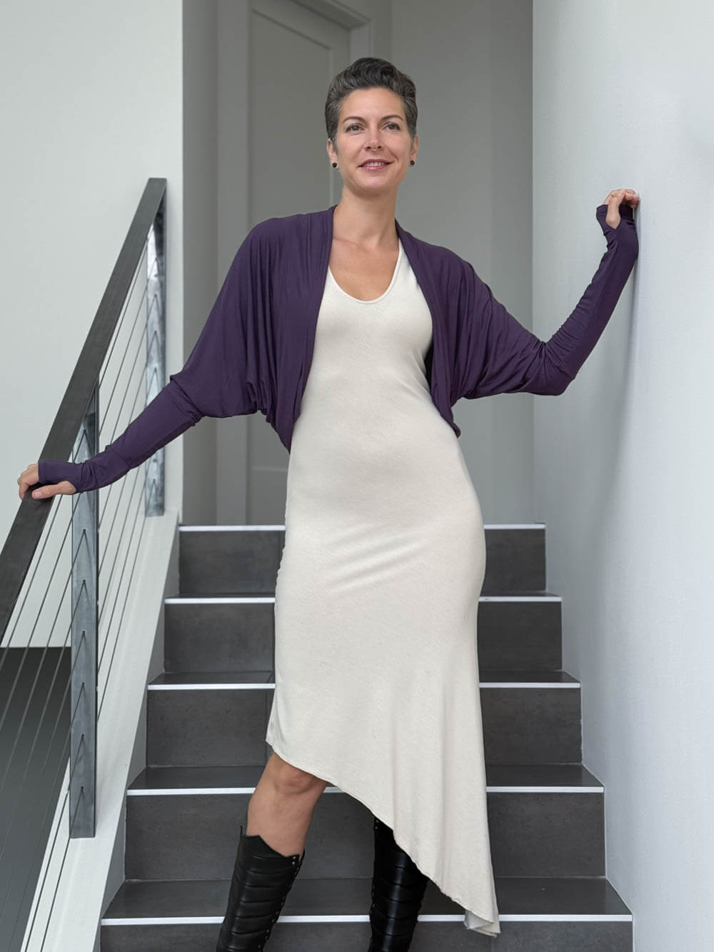 women's plant based rayon jersey loose fit purple dolman sleeve shrug with thumbholes #color_plum