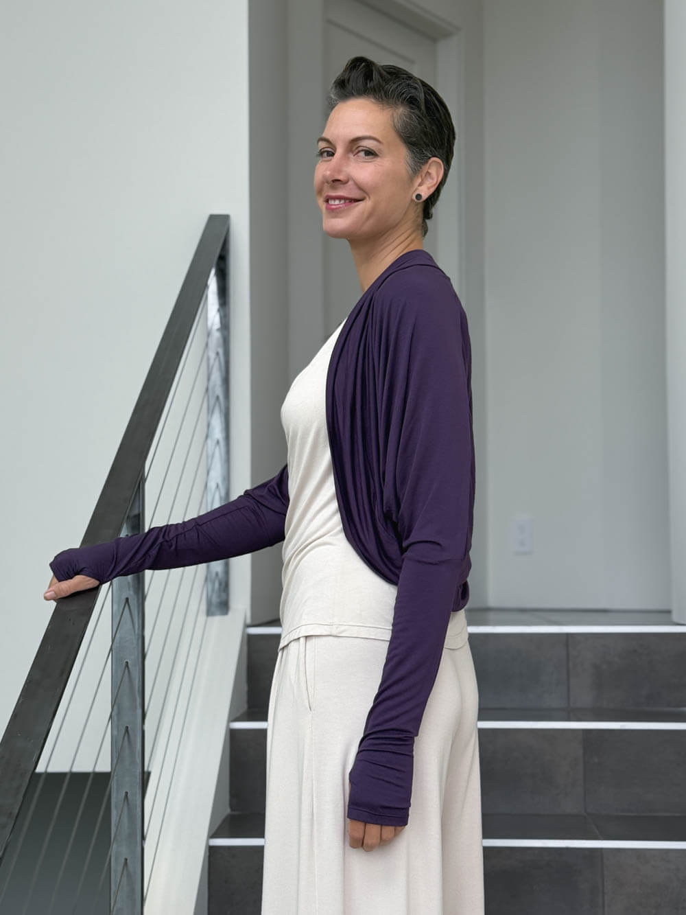 women's plant based rayon jersey loose fit purple dolman sleeve shrug with thumbholes #color_plum