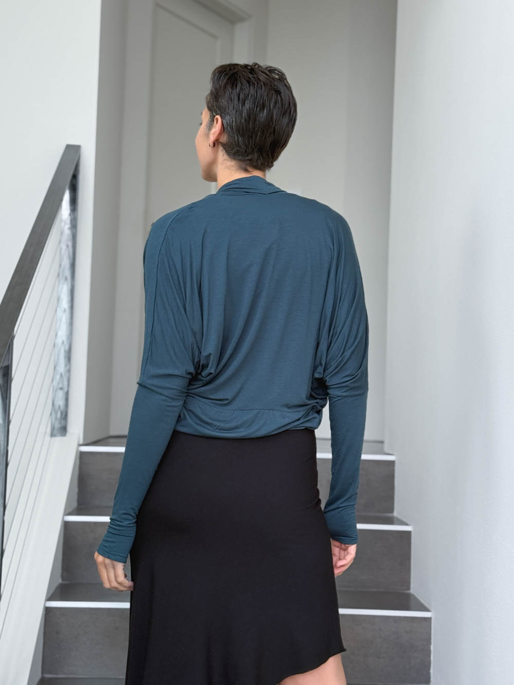 women's plant based rayon jersey loose fit teal blue dolman sleeve shrug with thumbholes #color_teal