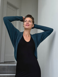 women's plant based rayon jersey loose fit teal blue dolman sleeve shrug with thumbholes #color_teal