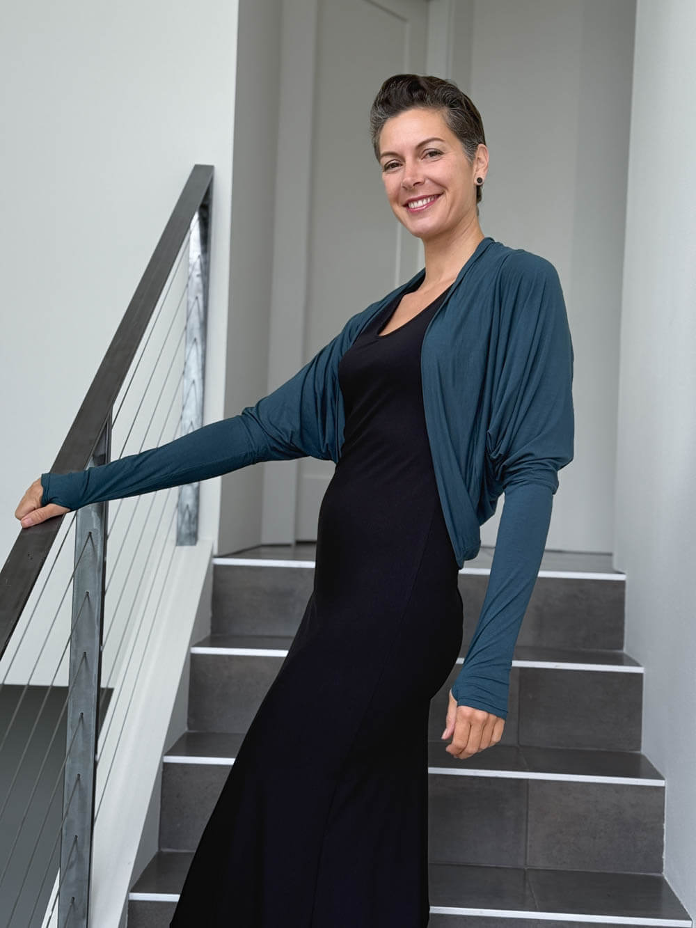 women's plant based rayon jersey loose fit teal blue dolman sleeve shrug with thumbholes #color_teal