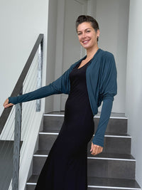 women's plant based rayon jersey loose fit teal blue dolman sleeve shrug with thumbholes #color_teal