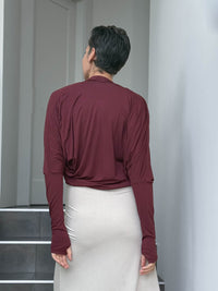 women's plant based rayon jersey loose fit maroon dolman sleeve shrug with thumbholes #color_wine