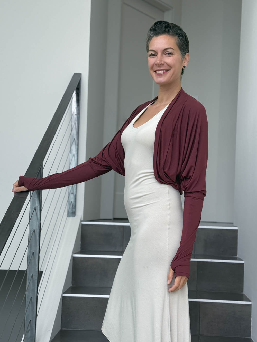 women's plant based rayon jersey loose fit maroon dolman sleeve shrug with thumbholes #color_wine
