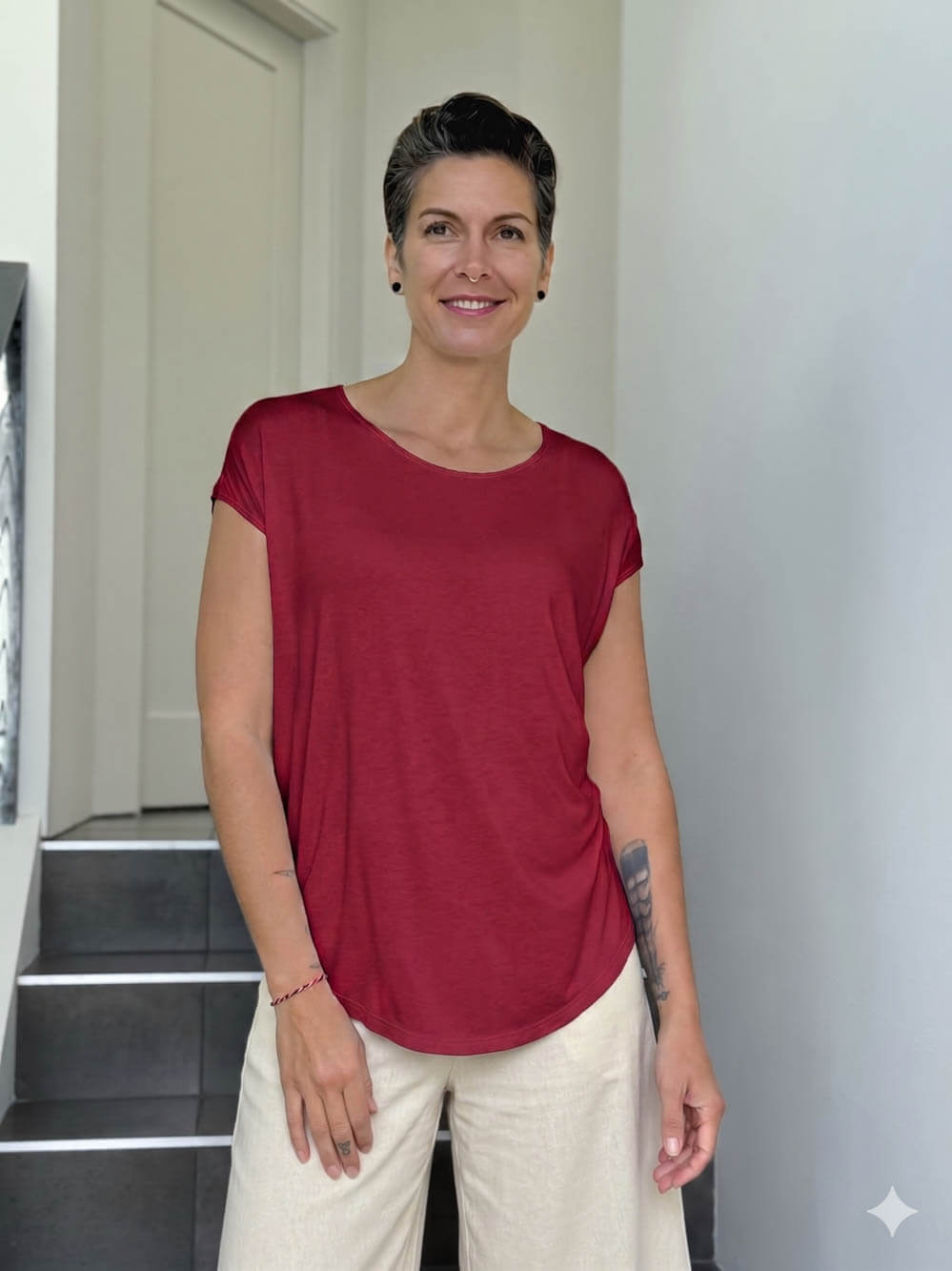 caraucci plant-based rayon jersey lightweight scarlet red unstructured cap sleeve tee #color_scarlet