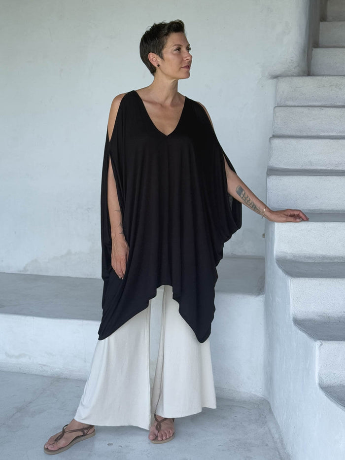 caraucci lightweight jersey draped soft black kaftan tunic with open shoulders #color_black