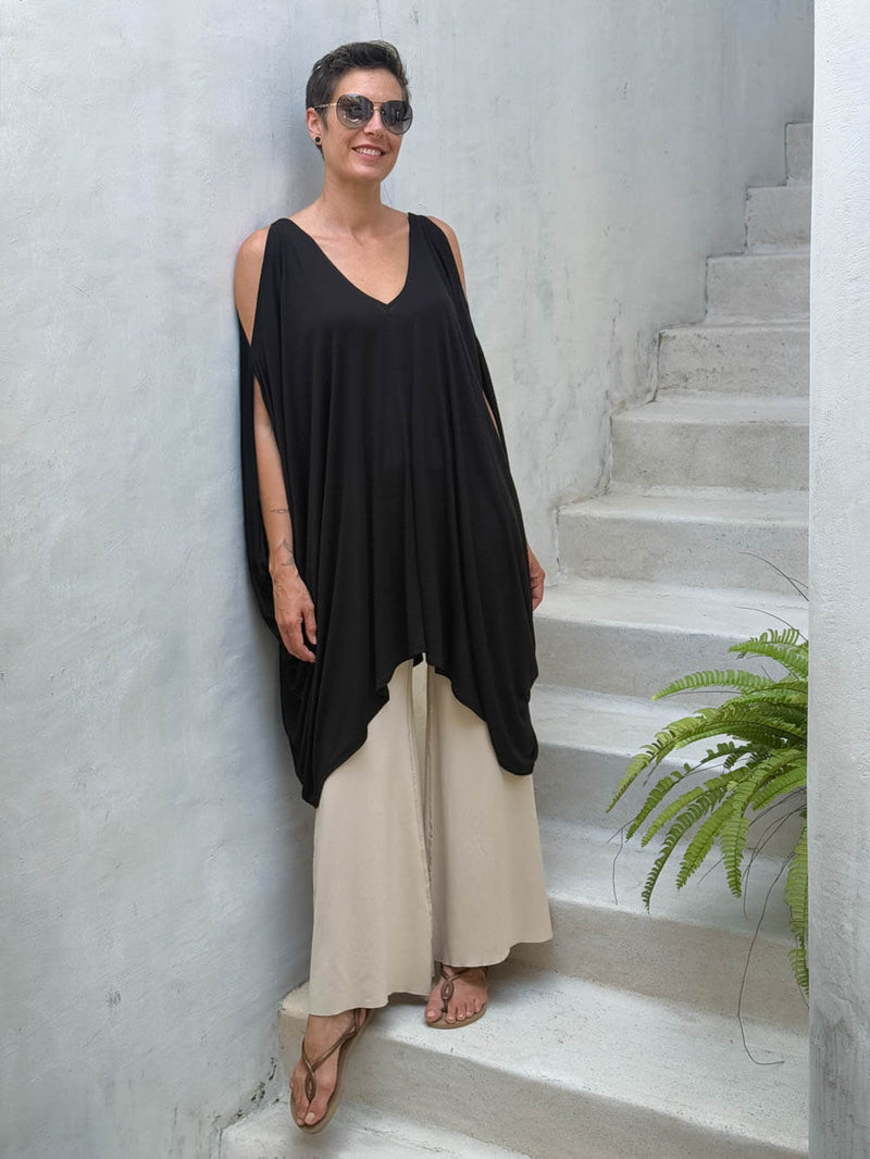 caraucci lightweight jersey draped soft black kaftan tunic with open shoulders #color_black