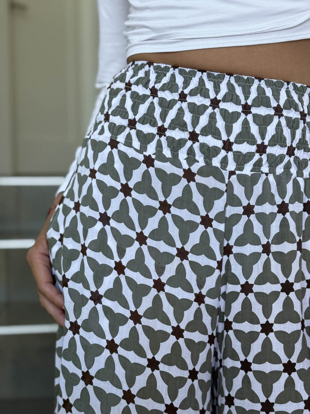 caraucci wide leg flow pants in mosaic stone print – rayon voile wide leg pants with soft drape
