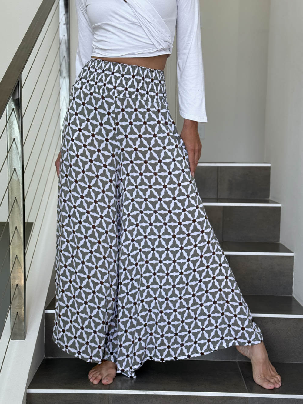 caraucci wide leg flow pants in mosaic stone print – rayon voile wide leg pants with soft drape