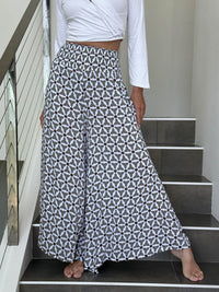 caraucci wide leg flow pants in mosaic stone print – rayon voile wide leg pants with soft drape