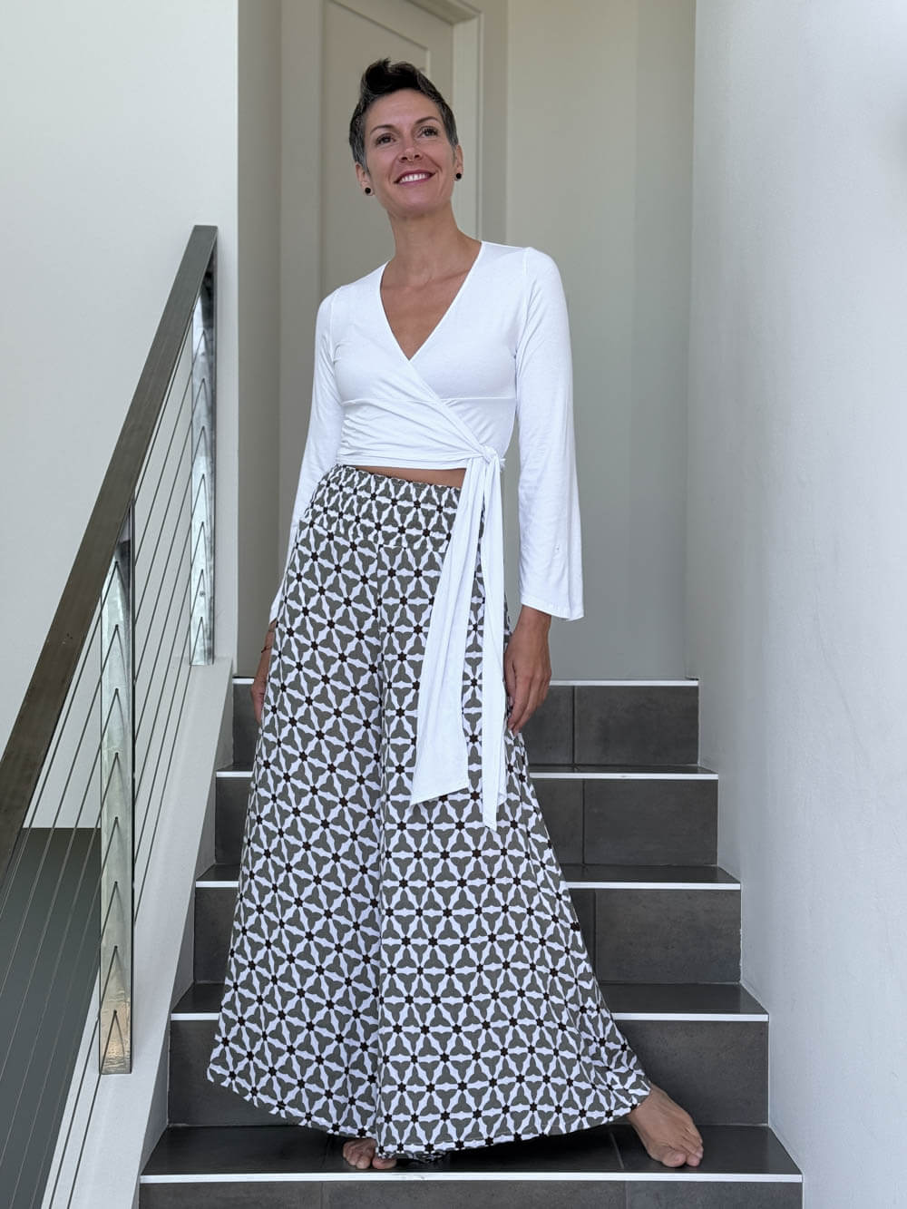 caraucci wide leg flow pants in mosaic stone print – rayon voile wide leg pants with soft drape