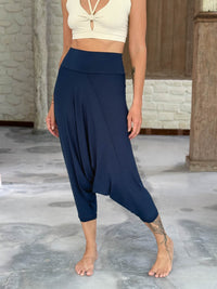 caraucci draped navy blue harem style movement pants with soft waistband and cropped silhouette #color_navy