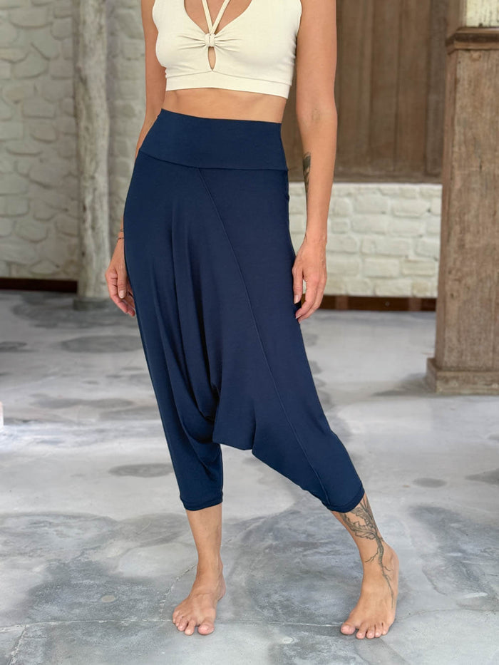 caraucci draped navy blue harem style movement pants with soft waistband and cropped silhouette #color_navy