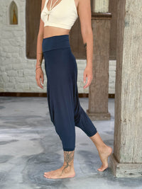 caraucci draped navy blue harem style movement pants with soft waistband and cropped silhouette #color_navy