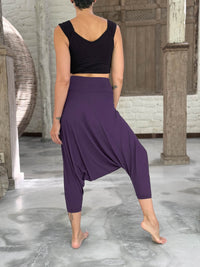 caraucci draped purple harem style movement pants with soft waistband and cropped silhouette #color_plum