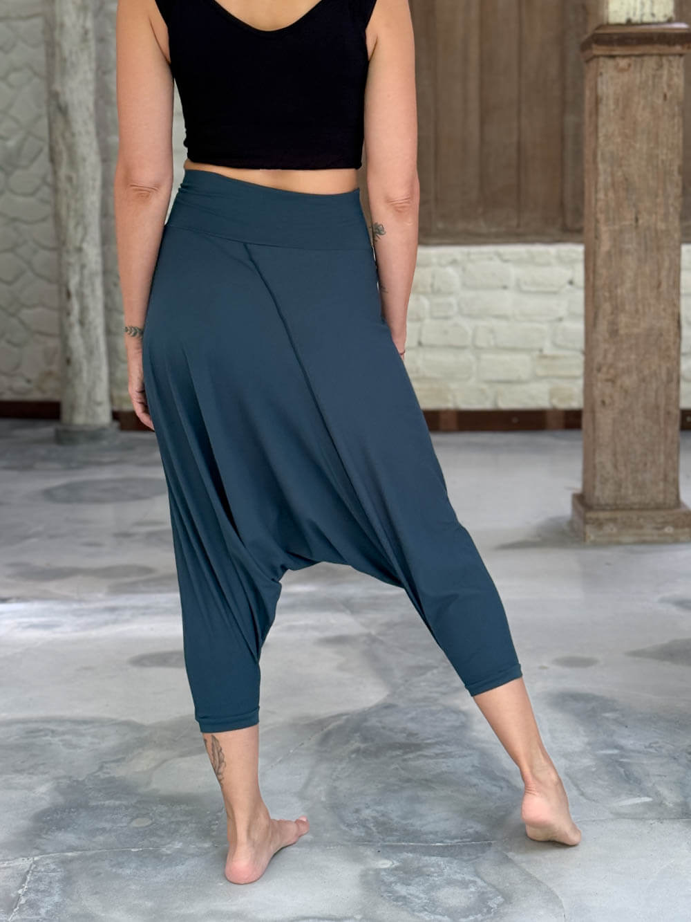 caraucci draped teal blue harem style movement pants with soft waistband and cropped silhouette #color_teal