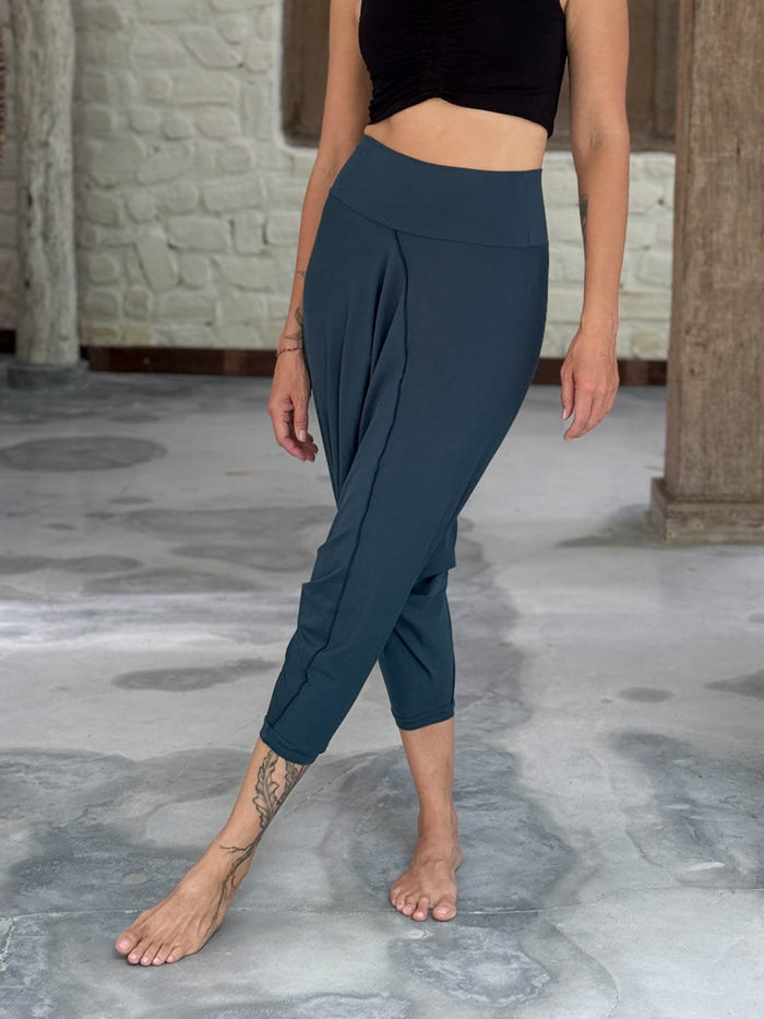 caraucci draped teal blue harem style movement pants with soft waistband and cropped silhouette #color_teal
