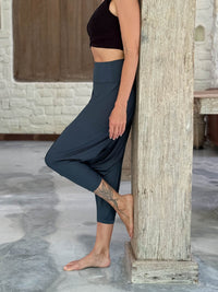 caraucci draped teal blue harem style movement pants with soft waistband and cropped silhouette #color_teal