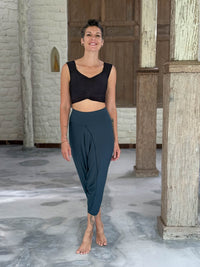 caraucci draped teal blue harem style movement pants with soft waistband and cropped silhouette #color_teal