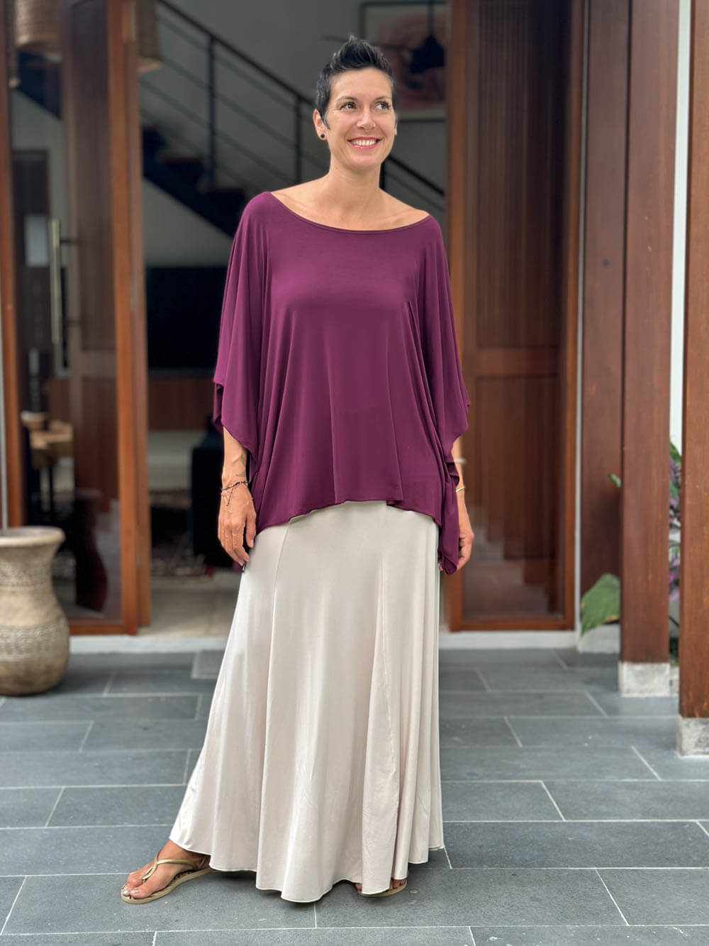 women's plant based rayon jersey stretchy cream hourglass convertible maxi skirt and dress #color_cream