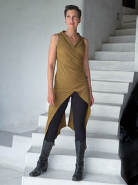 women's plant based rayon jersey one size adjustable hooded gold brass color wrap vest or top #color_brass