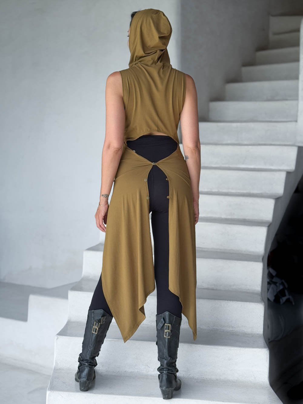 women's plant based rayon jersey one size adjustable hooded gold brass color wrap vest or top #color_brass