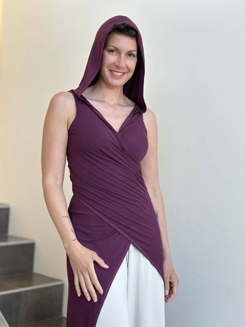 women's plant based rayon jersey one size adjustable hooded purple wrap vest or top #color_jam