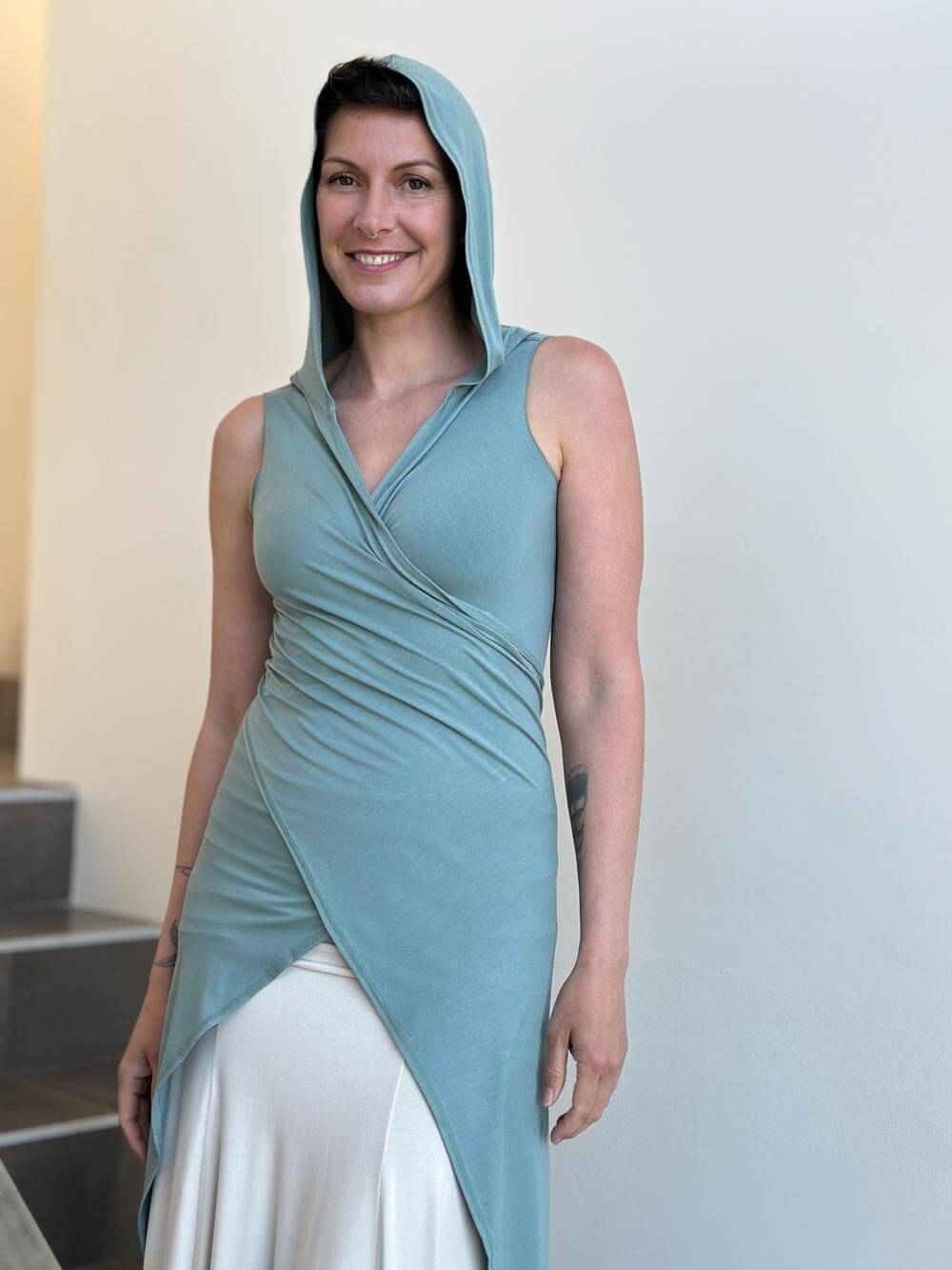 women's plant based rayon jersey one size adjustable hooded sage green ninja wrap vest or top #color_moss