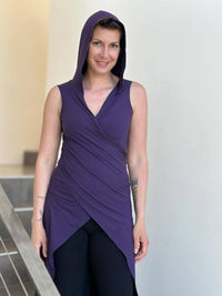 women's plant based rayon jersey one size adjustable hooded purple ninja wrap vest or top #color_plum