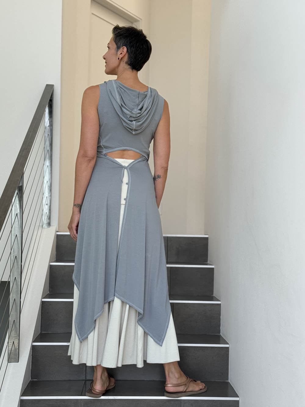 caraucci one size adjustable hooded light grey wrap vest or top #color_stone