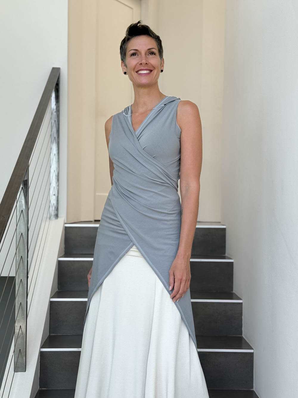 caraucci one size adjustable hooded light grey wrap vest or top #color_stone