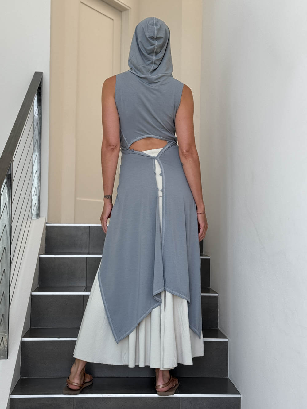 caraucci one size adjustable hooded light grey wrap vest or top #color_stone